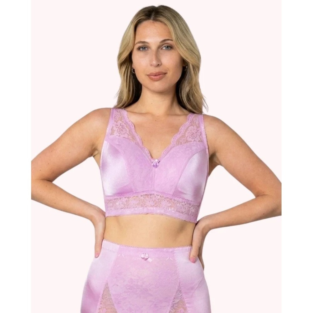 Rhonda Shear Lavender Lilac Pin Up Girl Lace Leisure Bra with Removable Pads 2X